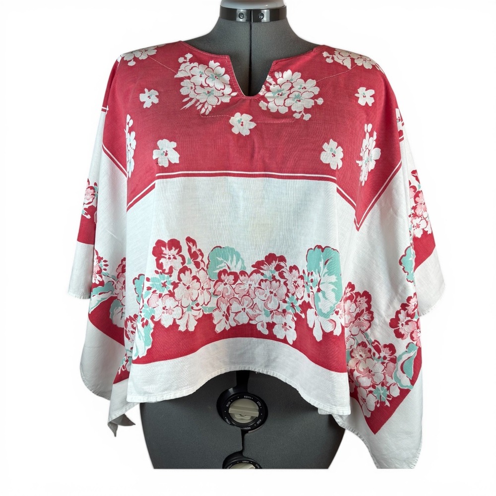 OS Plus Vintage Handmade Floral Tablecloth Caftan Top Red Wht Turquse Split Neck - Picture 2 of 14